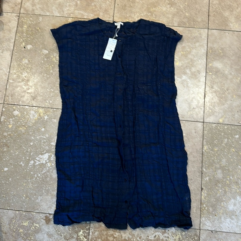 Eileen Fisher Navy Blue Linnen Windowpane Gauze, button down